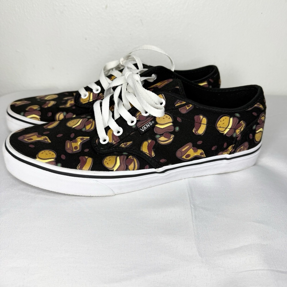 Vans Black Canvas Sneakers with Yellow & Brown Burger Pattern